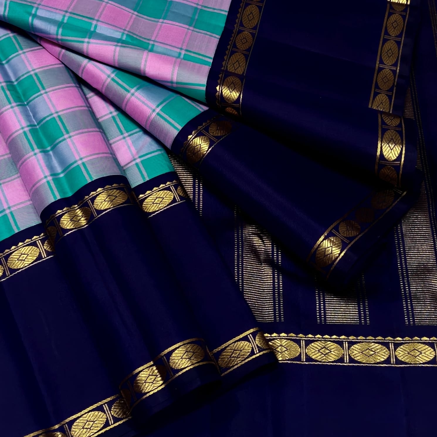 Soft Pink Checked soft Kanchipuram Saree